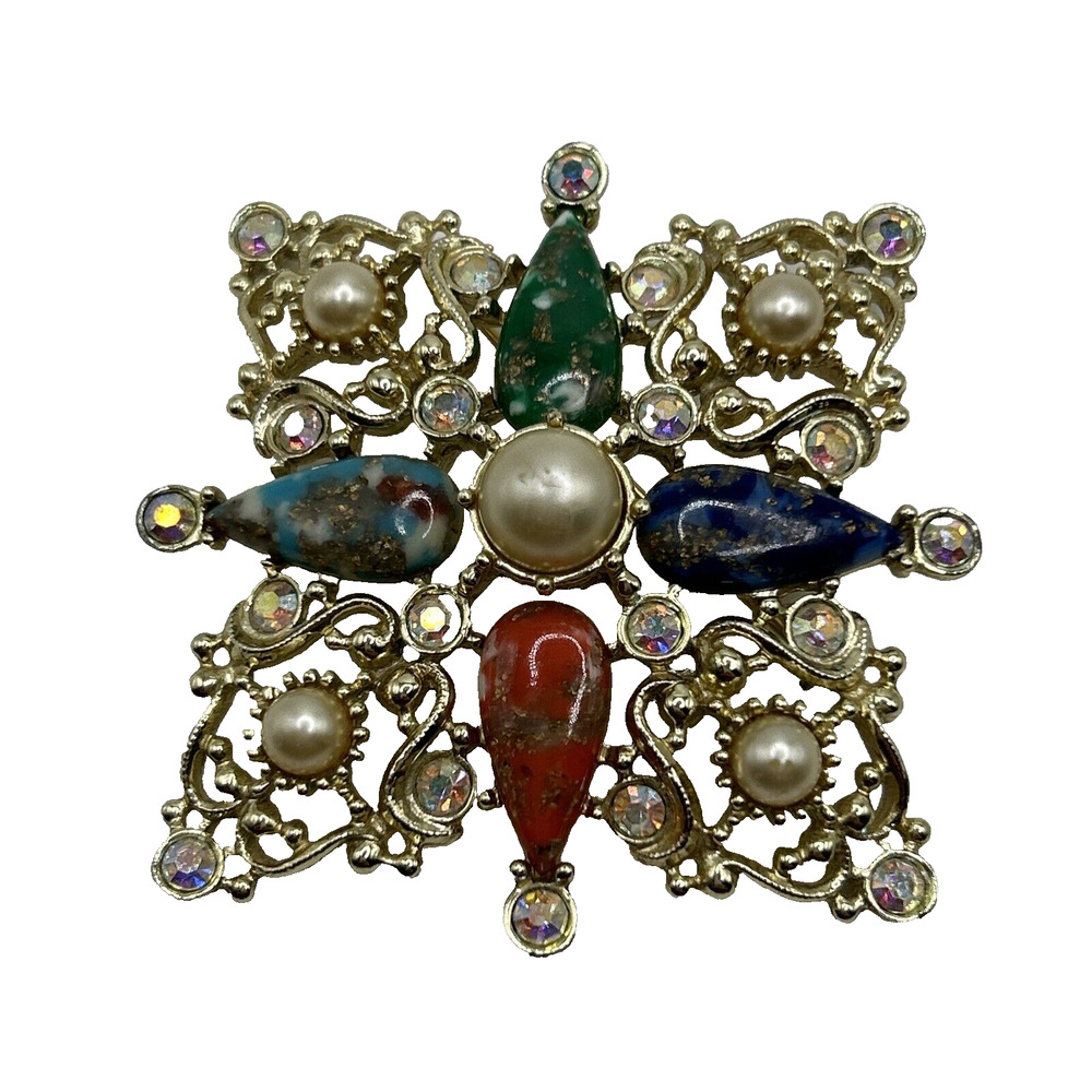 Vtg Sarah Coventry‎ Demi Parure Maltese Cross Galaxy Brooch Pin Ornate Signed